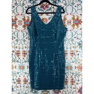 SD Collection Sequin Cocktail Dress Teal Above Knee Sheath Style